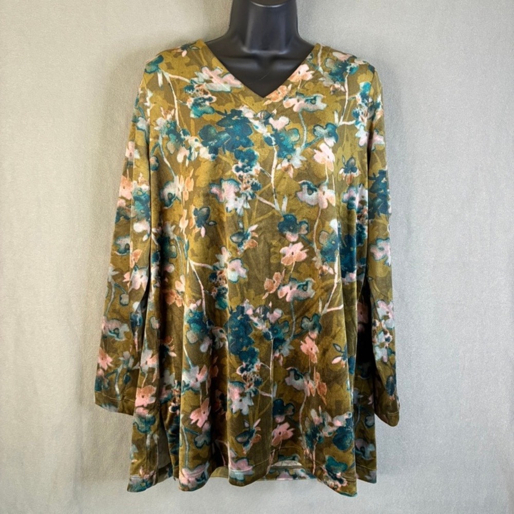 Pure Jill J. Jill Women Large Olive Floral Velvet V-Neck Tunic Top Long Sleeve
